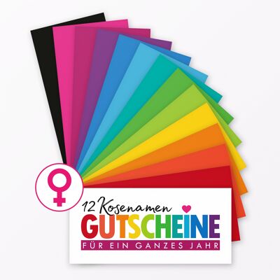13-teiliges Set Gutscheinkarten "Kosenamen Frau" für ein ganzes Jahr