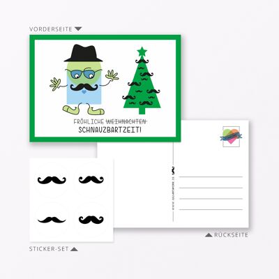 Weihnachtskarte "Schnauzbartzeit Weihnachten" DIN A6 inkl. Sticker