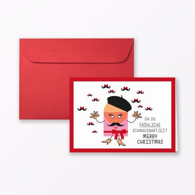Weihnachtskarte "Schnauzbartzeit Rot" Klappkarte DIN A6 inkl. Umschlag