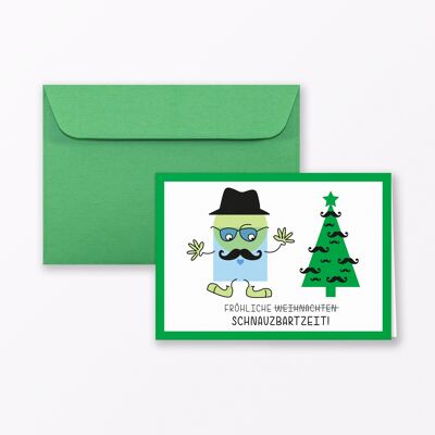 Weihnachtskarte "Schnauzbart Grün" Klappkarte DIN A6 inkl. Umschlag