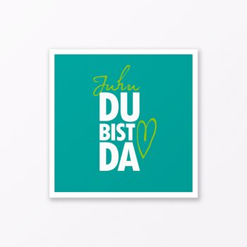 Carte bébé "Juhu Du bist da" en carré turquoise avec enveloppe 3