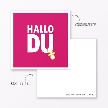 Carte bébé "Hallo Du" en carré rose avec enveloppe 2