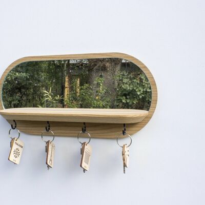 Mini-moonlight mirror (made in France) in oak wood - black hooks