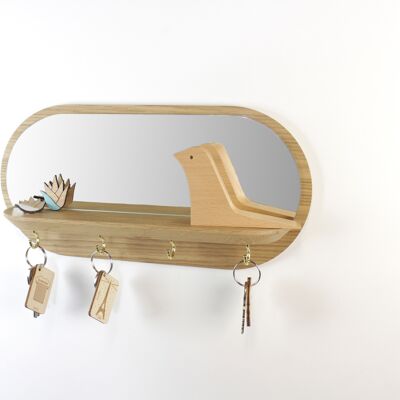 Mini-moonlight mirror (made in France) in oak wood - golden hooks
