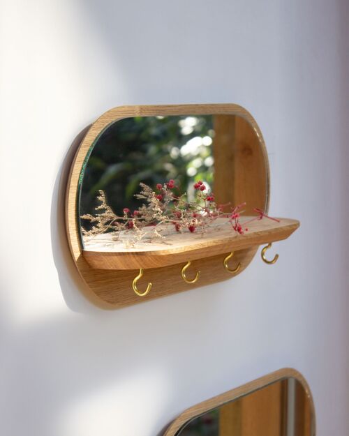 Miroir Mini-moonlight (made in France) en bois de Chêne - crochets dorés