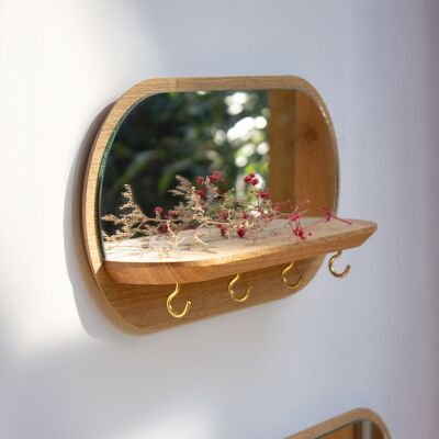 Mini-moonlight mirror (made in France) in oak wood - golden hooks