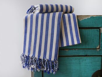 Serviette de plage en coton naturel - RAYÉ BLEU 1