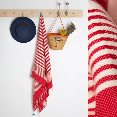 Hand woven beach towel & shawl- RED STRIPED