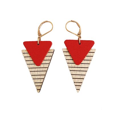 Boucles d'Oreilles Marinière Rouge - (made in France) en bois de Hêtre massif et cuir