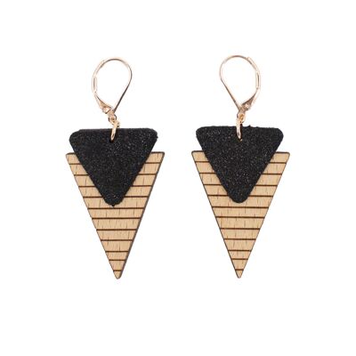 Boucles d'Oreilles Marinière Noir - (made in France) en bois de Hêtre massif et cuir