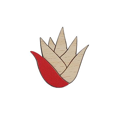 Spilla Aloe rossa - (made in France) in legno massello di faggio e pelle