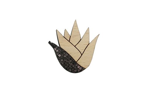 Broche Aloé Noire pailleté - (made in France) en bois de Hêtre massif et cuir