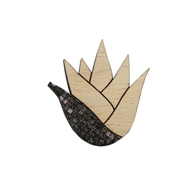 Glittery Black Aloe Brooch - (made in France) in solid beech wood and leather