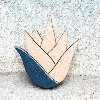 Broche Aloé Marine - (made in France) en bois de Hêtre massif et cuir