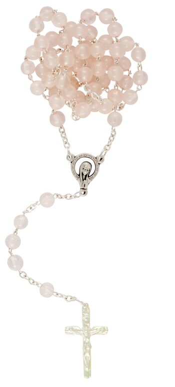 Chapelet quartz rose, perle 6mm argenté, avec anneau ressort