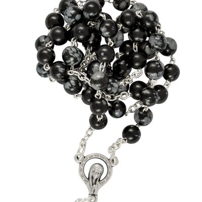 Rosary snowflake obsidian, silver plated with spring ring