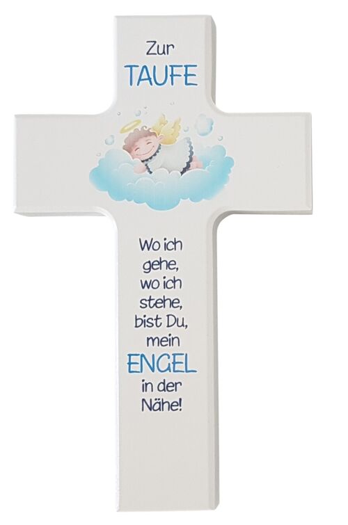 Kinderkreuz weiß 15 cm Zur Taufe, Engel blau