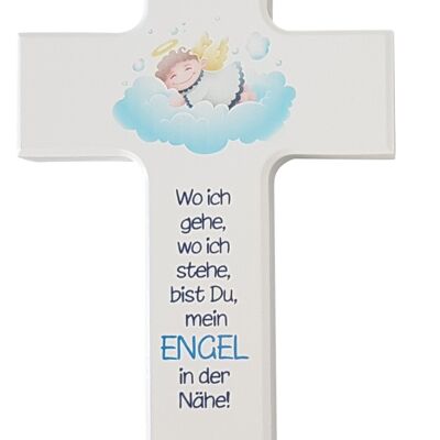 Kinderkreuz weiß 15 cm Zur Taufe, Engel blau