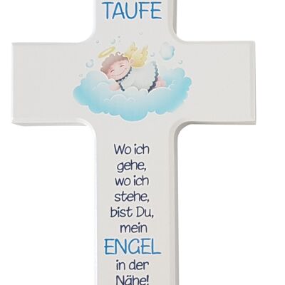 Children's cross white 15 cm For baptism, angel blue
