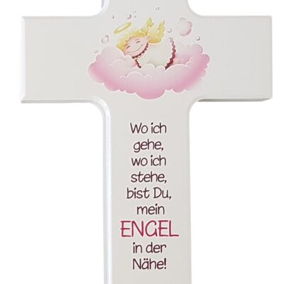Cruz infantil blanca 15 cm Para bautizo, ángel rosa