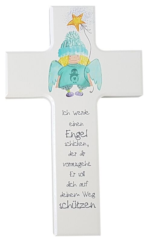 Kinderkreuz weiß 15 cm Engel blau/grün mit Stern