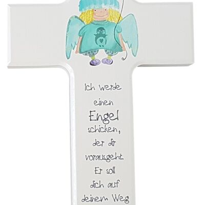 Cruz infantil blanca 15 cm ángel azul/verde con estrella