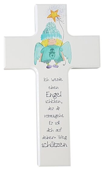 Croix enfant blanche 15 cm ange bleu/vert avec étoile