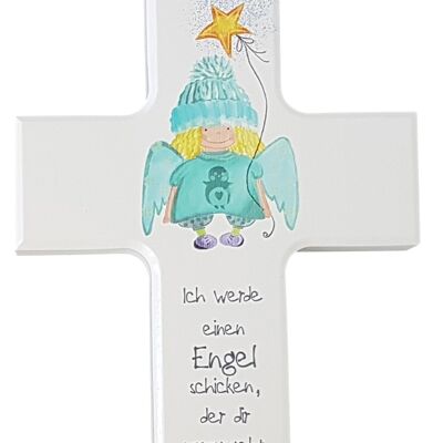 Croce per bambini bianca 15 cm angelo blu/verde con stella