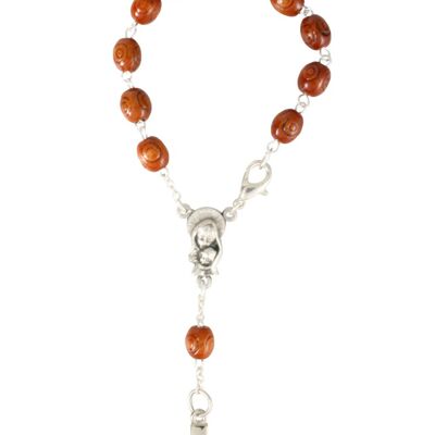 Ten-dent rosary in brown wood, oval rosette beads