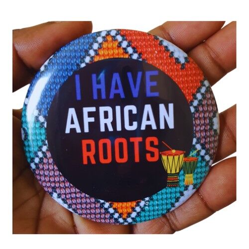 African roots, heritage 75mm button, CamieRoseUK