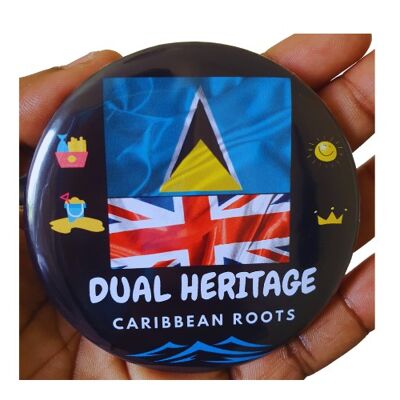 Doble herencia, botón de raíces caribeñas de 75 mm, bandera de Santa Lucía