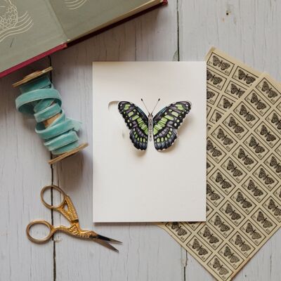 Biglietto di auguri con acquerello a forma di farfalla verde malachite