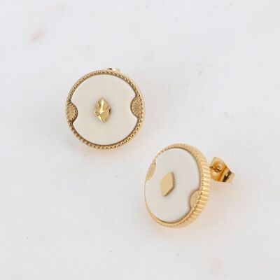 Golden Bobby earrings with white round acetate