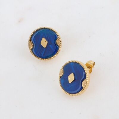 Golden Bobby earrings with dark blue round acetate