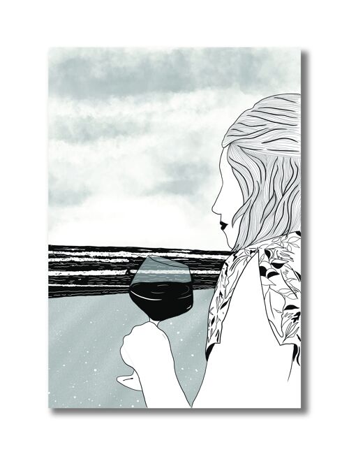 Affiche A4 Delphine - femme sur la plage avec un verre de vin