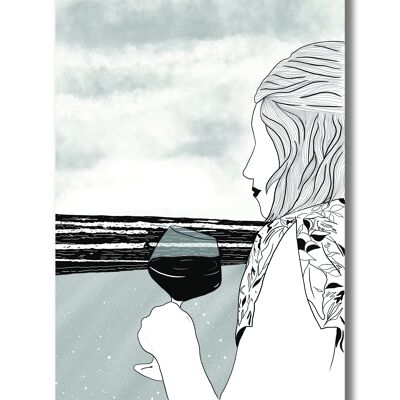 Affiche A4 Delphine - femme sur la plage avec un verre de vin