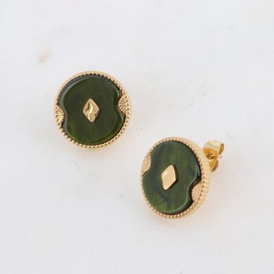 Golden Bobby earrings with round green acetate