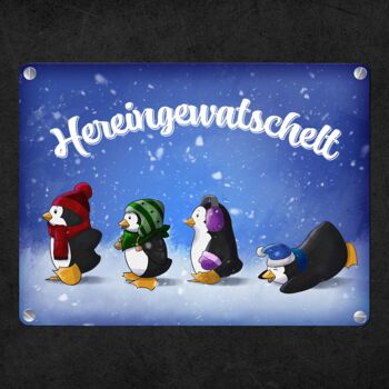 Waddled In Metal signe avec quatre pingouins mignons 4