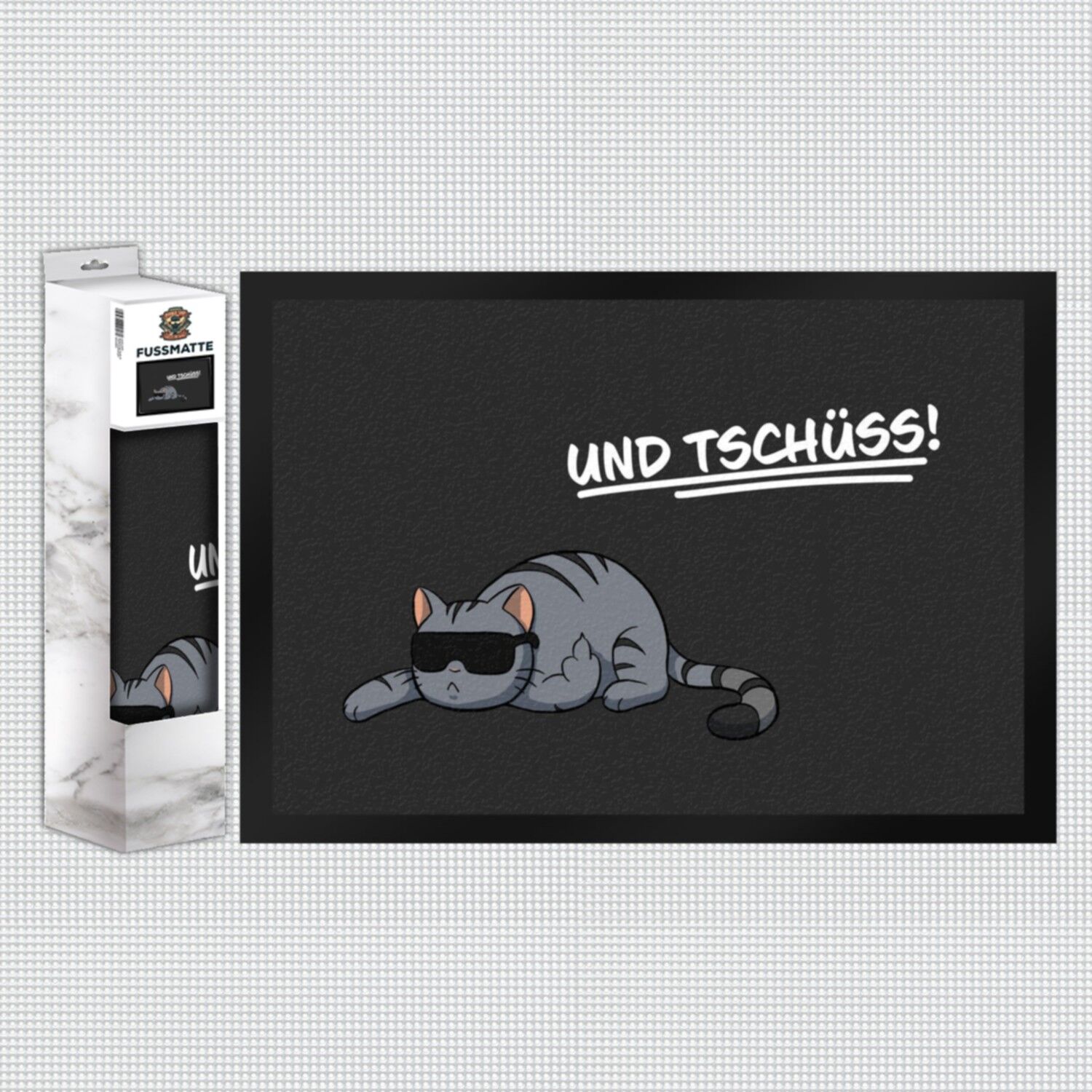 and goodbye! Doormat with a funny saying and a cool cat motif