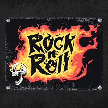 Enseigne en métal Rock n' Roll avec des flammes et une tête de mort 4
