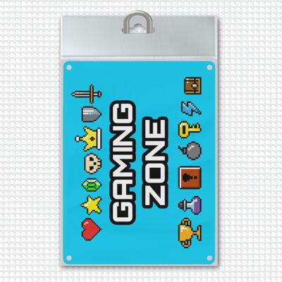 Gaming Zone metal sign with pixel items for gamers