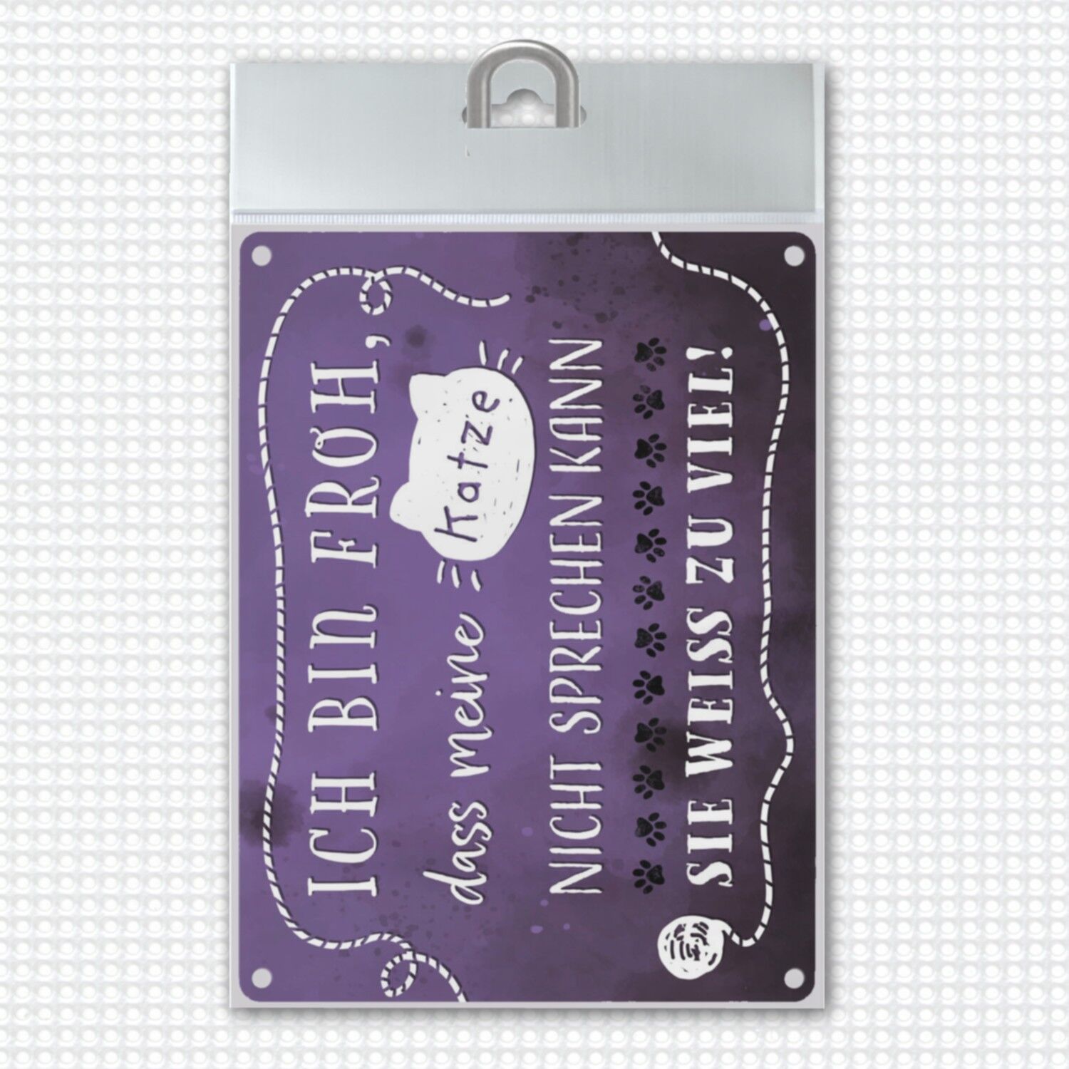 Cartello in metallo con un detto divertente: il mio gatto sa troppo