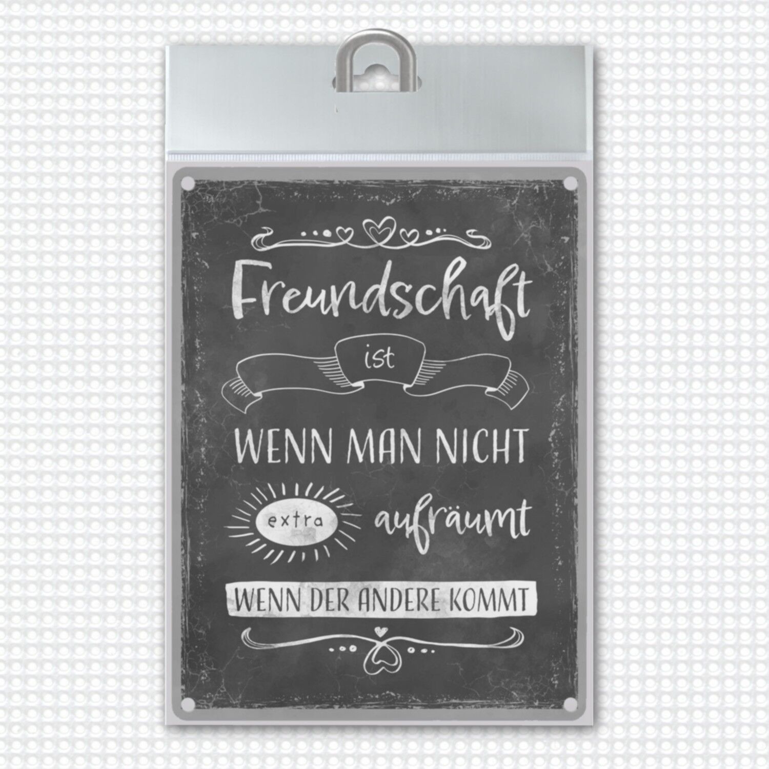 Cartello in metallo con un detto divertente sull'amicizia e il riordino