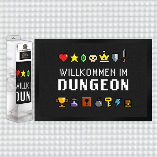 Willkommen im Dungeon Fußmatte für Gamer mit bunten Pixel-Items