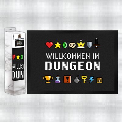 Benvenuto nello zerbino dungeon per i giocatori con oggetti pixel colorati