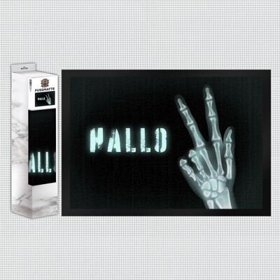 Hello doormat with x-ray of hand showing peace sign