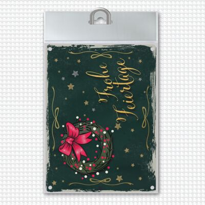 Cartello in metallo Happy Holidays con ghirlanda di Natale