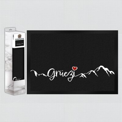 Grüezi doormat with heart and mountains