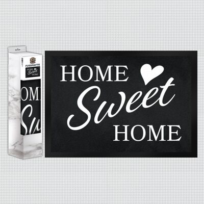 Home Sweet Home doormat with elegant writing on a black background