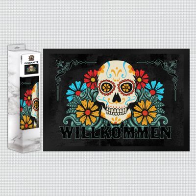 Welcome doormat with skull and flower motif